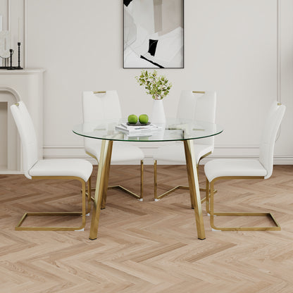 Avera 5-Piece Glass Round Dining Set – White PU Chairs with Gold Legs, Elegant Modern Design