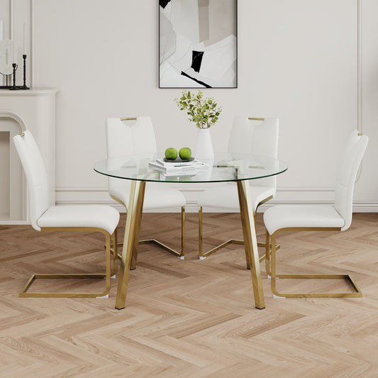 Avera 5-Piece Glass Round Dining Set – White PU Chairs with Gold Legs, Elegant Modern Design