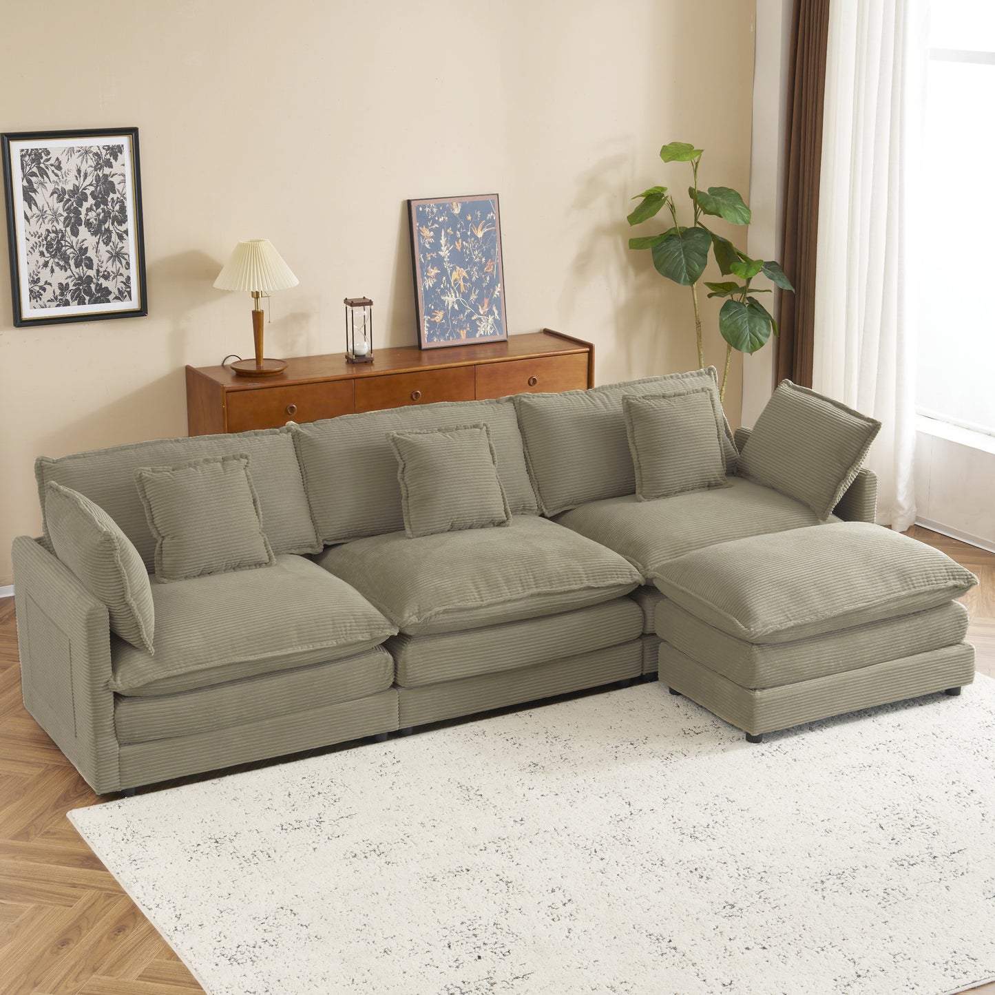 113' Luxe Modular Lounge – Plush Corduroy L-Shape Sofa with Hidden Side Storage (Brown)