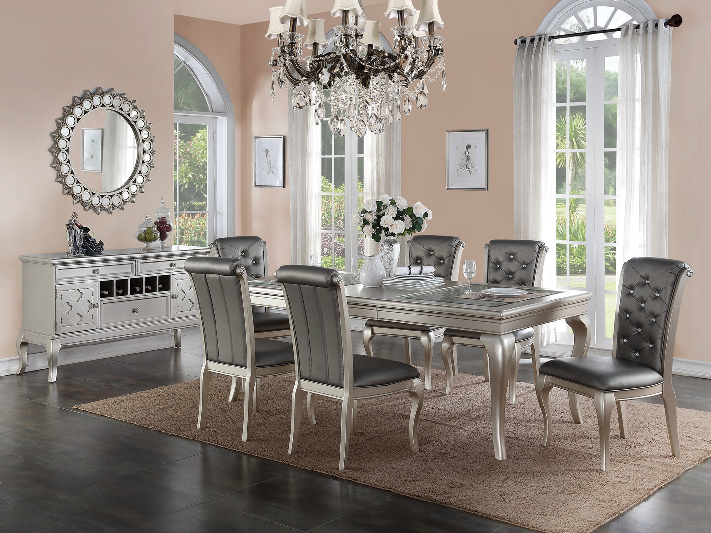Lucente 7-Piece Dining Set – Rectangle Table with Silver Hue Glass Inlay & Tufted-Back Chairs