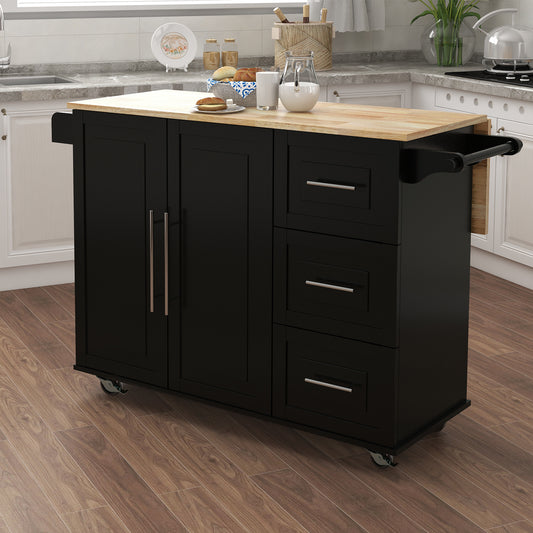 Mavix Kitchen Island – Black Rolling Cart with Spice Rack, Towel Bar & Wood Top