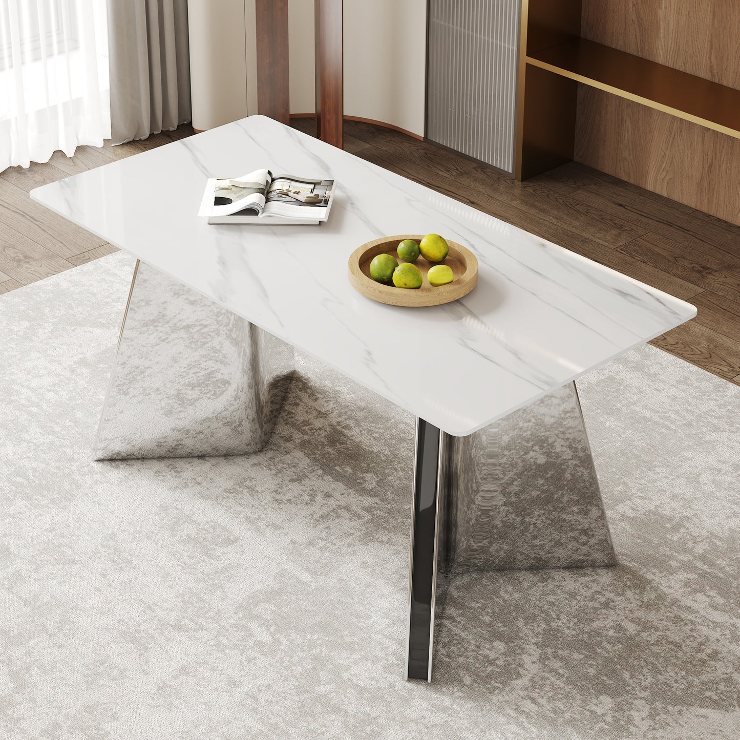 Snowra Stone Dining Table – 63'' Snow Mountain Sintered Top with Silver Legs