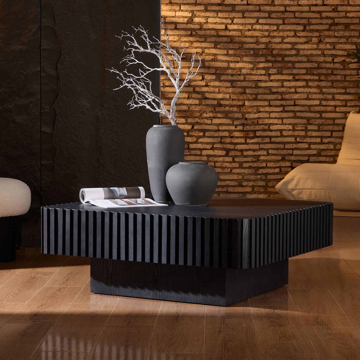 Klyra Drum Coffee Table – DeepBlack Ashform on Rootcore Pedestal