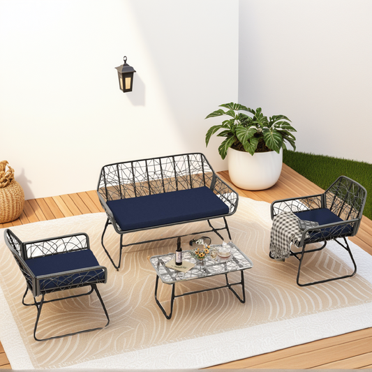 Solvara 4-Piece Blue Wicker Set – Tempered Glass Table & Detachable Cushion Covers