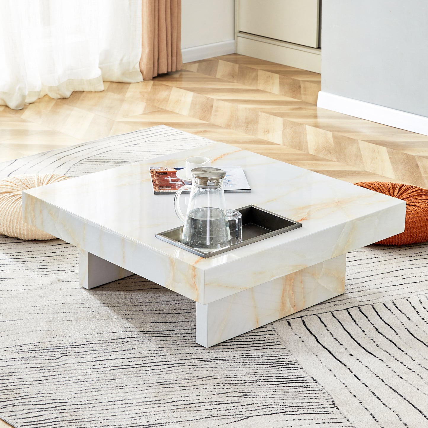 Mavari Coffee Table – 31.4" Faux Marble Top with Minimal Block Base in MDF