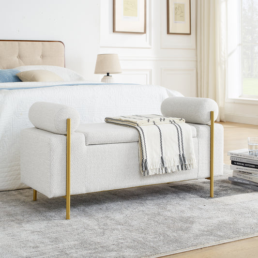Cylora Storage Bench – White Linen Upholstery with Round Arms & Iron Legs
