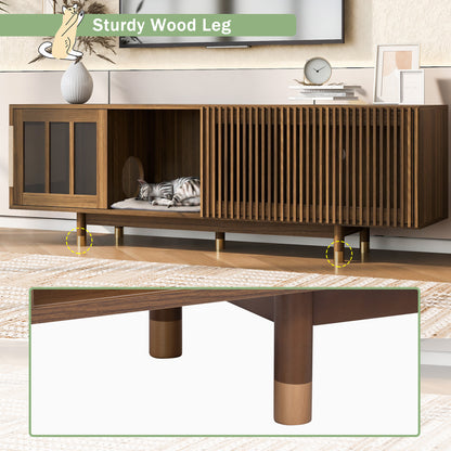Vero Mid - Century TV Console – Walnut Pet - Friendly Stand with Flip - Down Sliding Door & Cat House - JUSTLIVE NESTJUSTLIVE NEST
