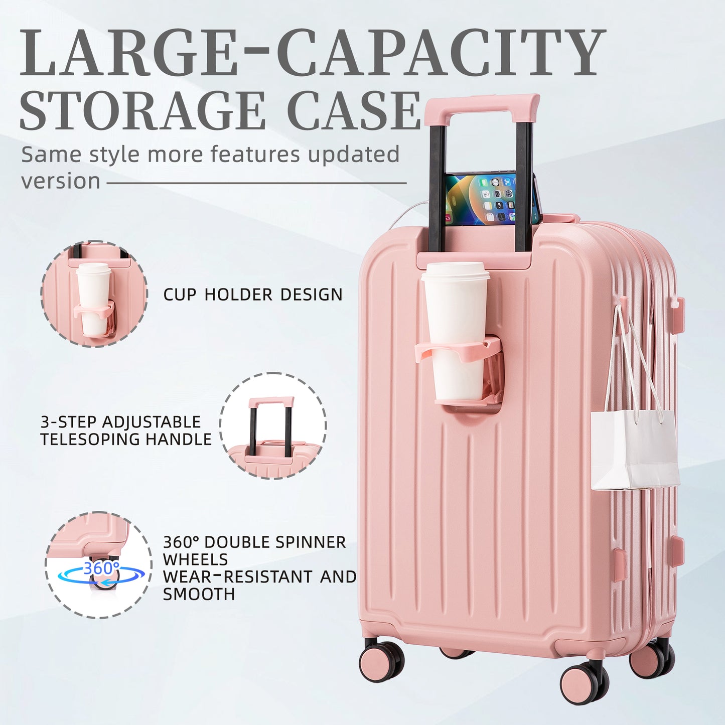 Jetera 3 - Piece ABS Travel Set – Pink 360° Spinner Suitcases with USB Port & Cup Holder (20/24/28") - JUSTLIVE NESTJUSTLIVE NEST