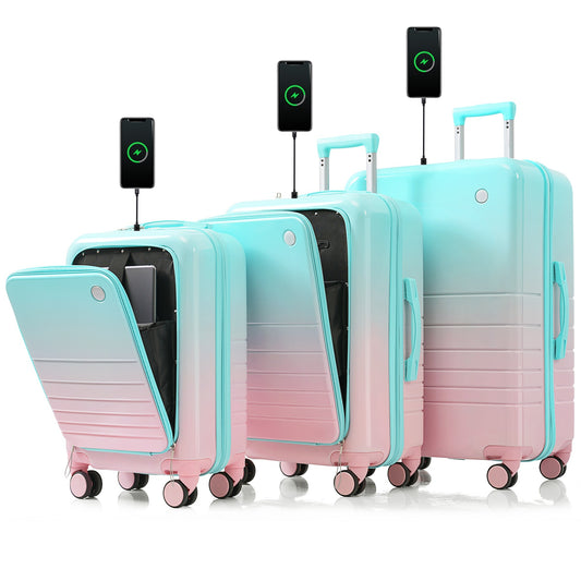 Jetera 3 - Piece Carry - On Luggage Set – Light Blue ABS+PC Hard Shell with USB Port, Cup Holder & Front - Opening Design (20/24/28") - JUSTLIVE NESTJUSTLIVE NEST