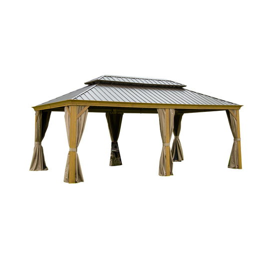 Aurelia 12x18' Hardtop Gazebo – Wood - Look Aluminum Frame with Steel Roof & Curtains - JUSTLIVE NESTJUSTLIVE NEST