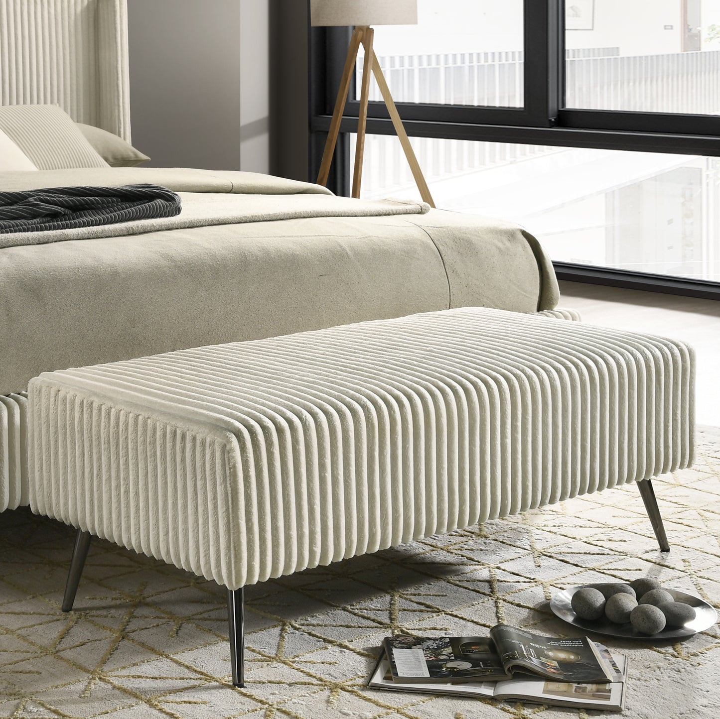Mavela Bench – Cream Wide Wale Corduroy Upholstery