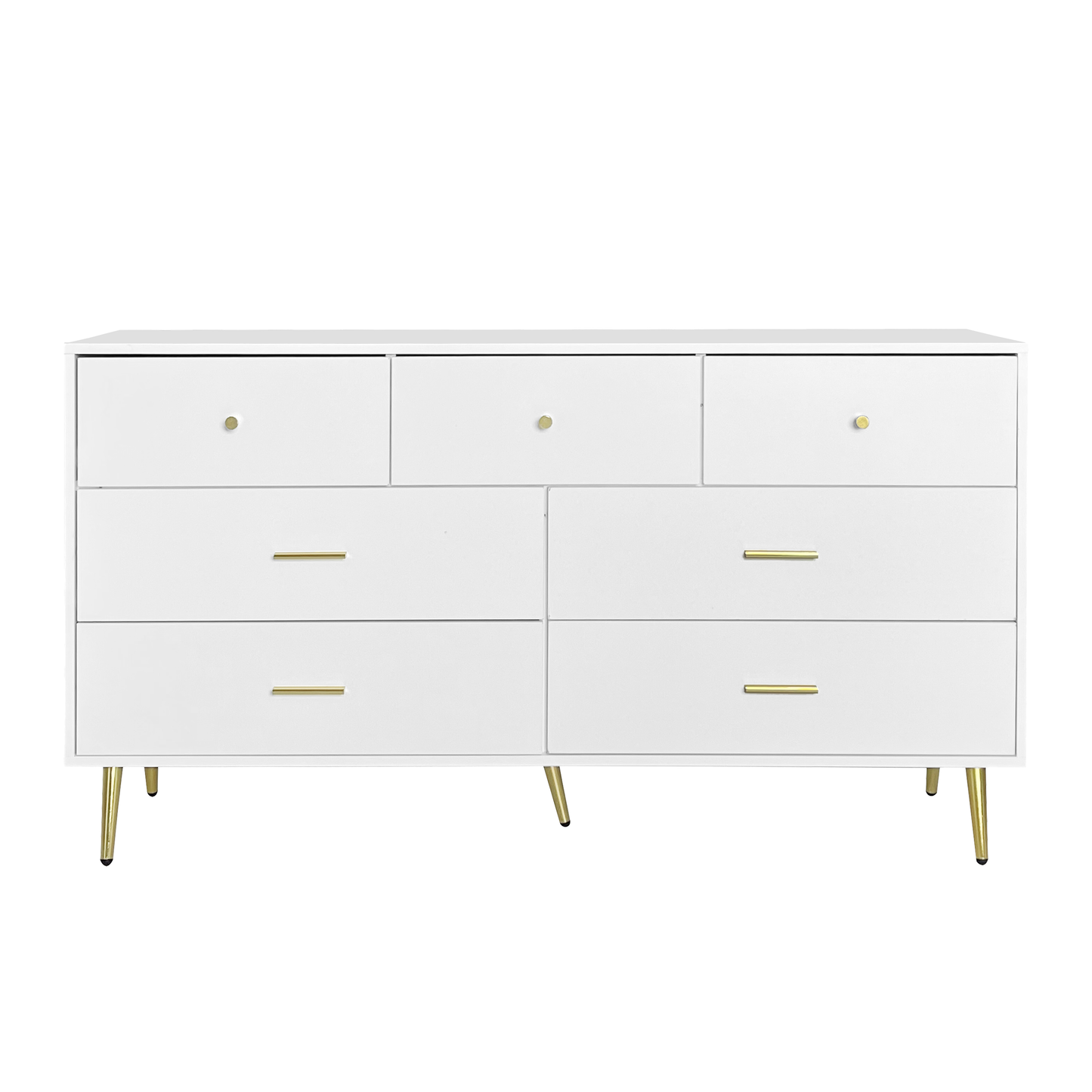 Delmare 7-Drawer Cabinet – White Dresser with Gold Handles and Tapered Legs