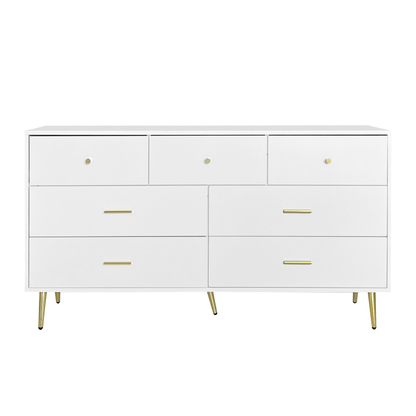 Delmare 7-Drawer Cabinet – White Dresser with Gold Handles and Tapered Legs