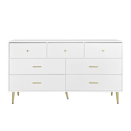 Delmare 7-Drawer Cabinet – White Dresser with Gold Handles and Tapered Legs