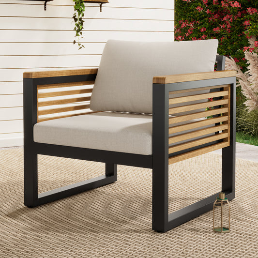 Solvara Acacia Metal Chair – Single Outdoor Patio Seat with Cushion and Mixed Material Frame