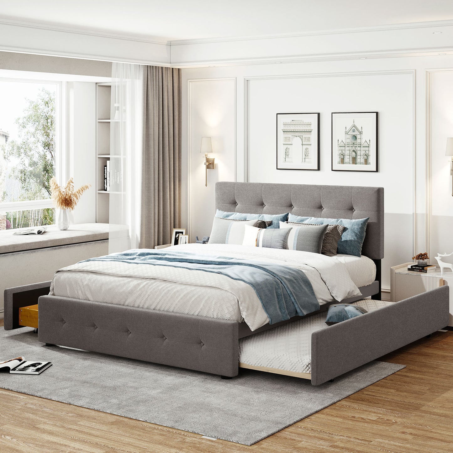 Nestyl Trundle Bed – Light Gray Queen Platform with Drawers + Twin XL Pullout