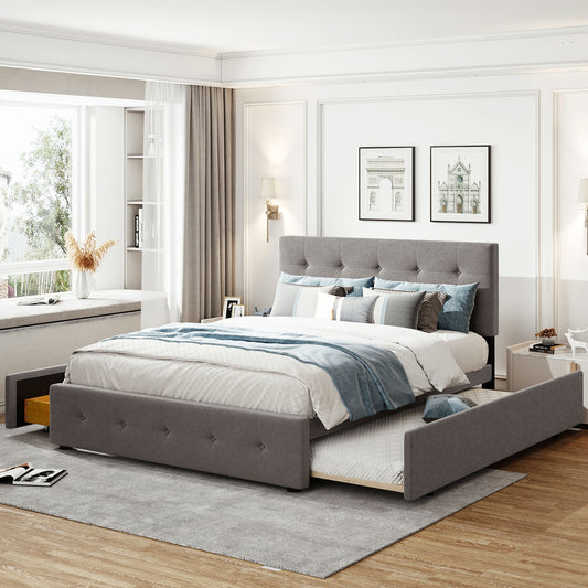 Nestyl Trundle Bed – Light Gray Queen Platform with Drawers + Twin XL Pullout
