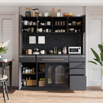 Topmax Hutch Cabinet – 63'' Black Coffee Bar Storage with Drawers, Pegboard, Power Shelf