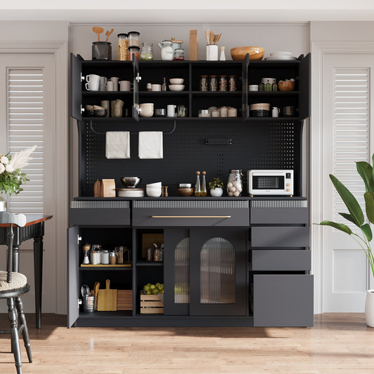 Topmax Hutch Cabinet – 63'' Black Coffee Bar Storage with Drawers, Pegboard, Power Shelf