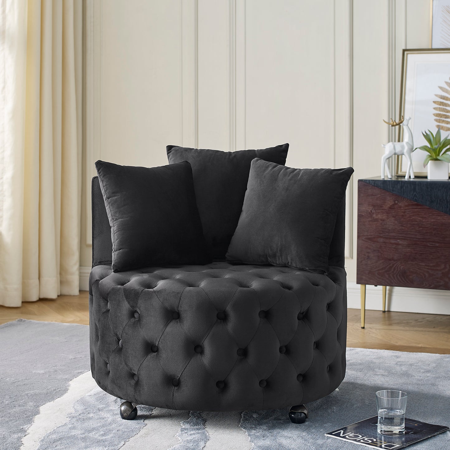 Orvia Swivel Chair – Black Velvet Tufted Accent Chair with Wheels and Pillows
