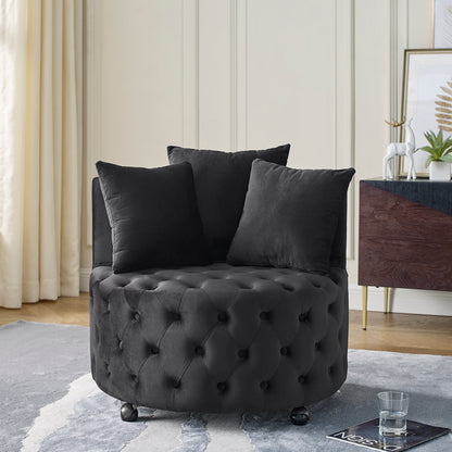 Orvia Swivel Chair – Black Velvet Tufted Accent Chair with Wheels and Pillows