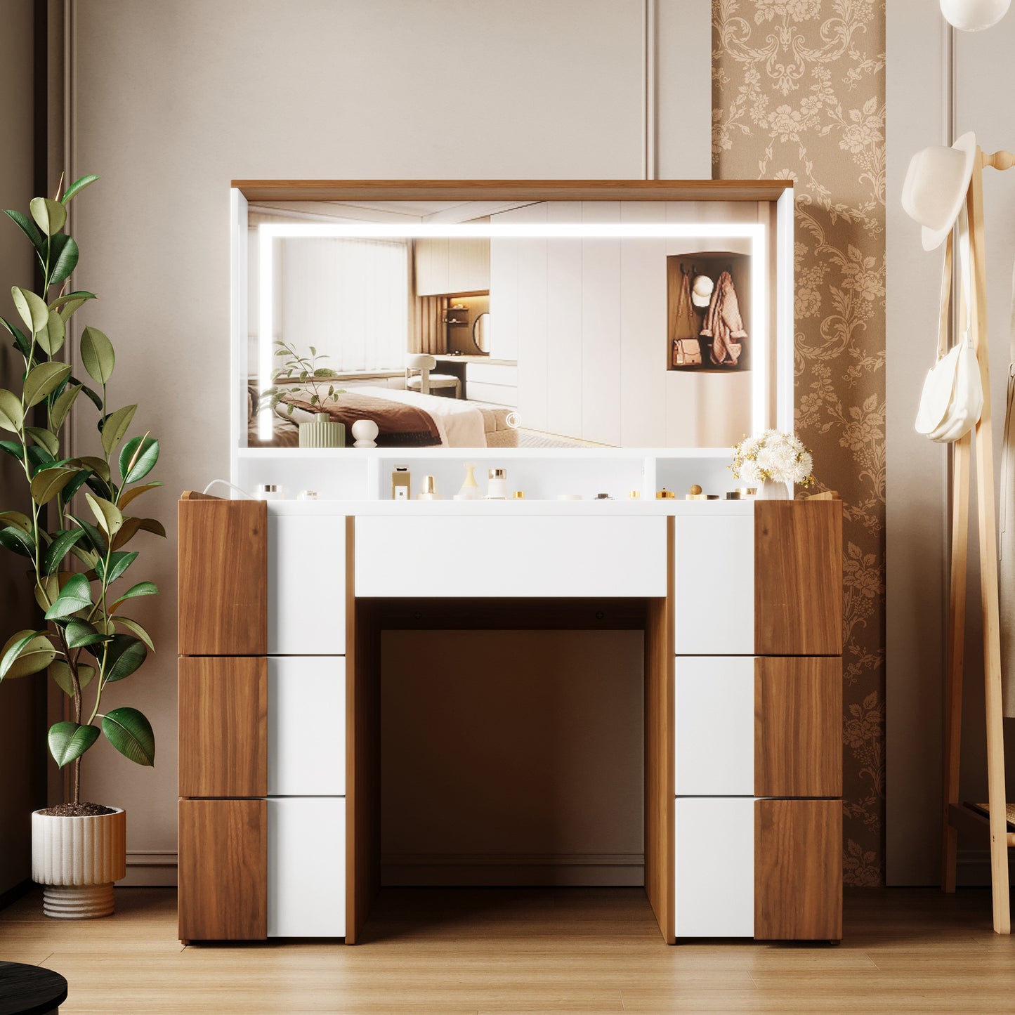 Velora Classic Tower – 44.4" Brown Vanity Desk with Large LED Mirror, 7 Drawers & Power Outlet