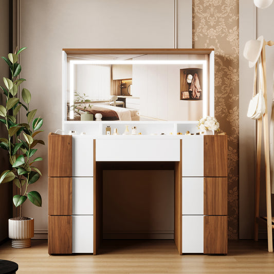 Velora Classic Tower – 44.4" Brown Vanity Desk with Large LED Mirror, 7 Drawers & Power Outlet