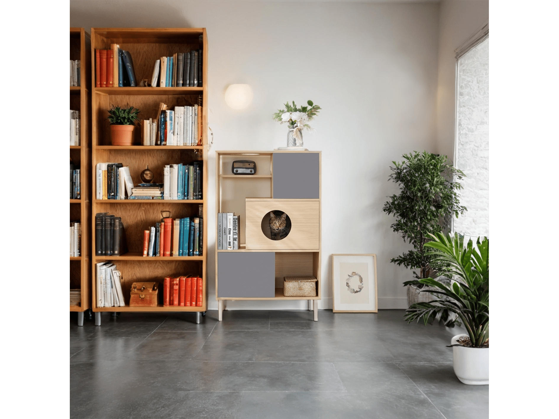Nuvio Cat Bookcase Tower – Modern Tree - Shelf Combo with Storage & Climbing Platforms - JUSTLIVE NESTJUSTLIVE NEST