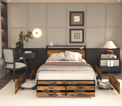 Vionix Full Bed – Brown Metal Frame with 8 Storage Drawers, LED Headboard & Charging Station