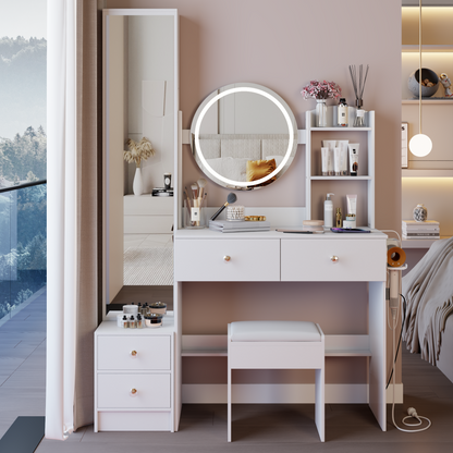 Glowera Fusion Suite – LED Vanity Table with Full Body Mirror Cabinet, Round Touch Mirror & Charging Ports