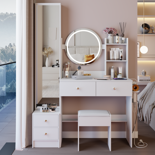 Glowera Fusion Suite – LED Vanity Table with Full Body Mirror Cabinet, Round Touch Mirror & Charging Ports