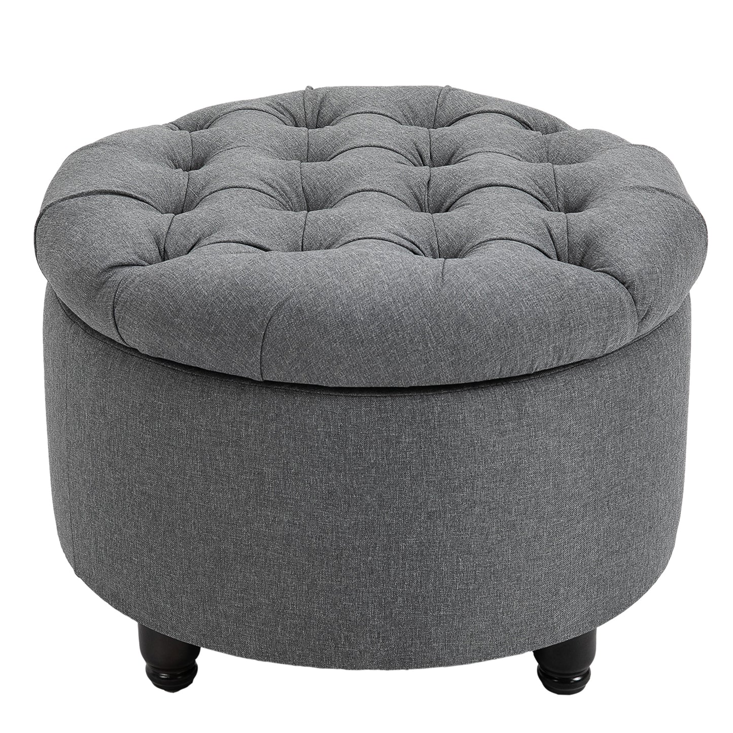 Rovi Round – Button-Tufted Linen Pouf in Light Gray