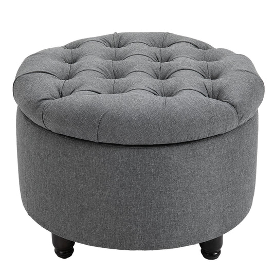 Rovi Round – Button-Tufted Linen Pouf in Light Gray