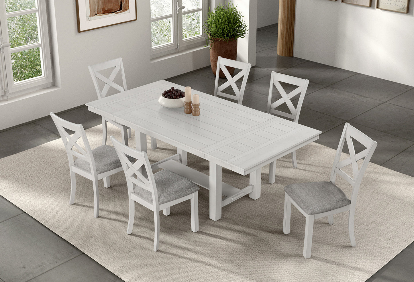 Carinthia 7-Piece Dining Set – White Oak Extension Table with 6 Cross-Back Upholstered Chairs