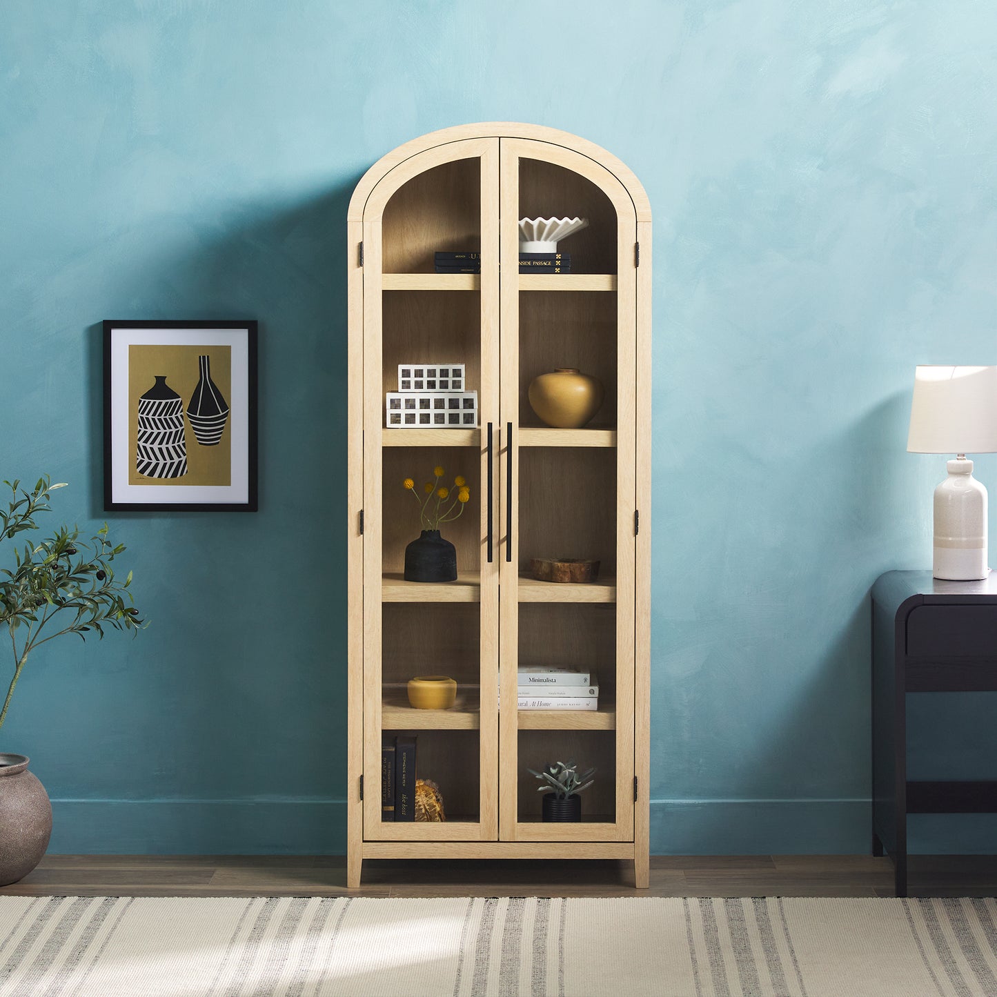 Arcvia Glass Tall Bookcase – 5-Shelf Arched Bookcase with Glass Doors (Oak)