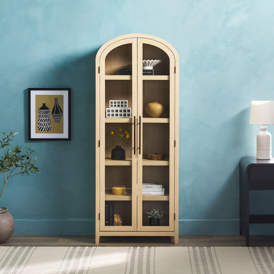 Arcvia Glass Tall Bookcase – 5-Shelf Arched Bookcase with Glass Doors (Oak)