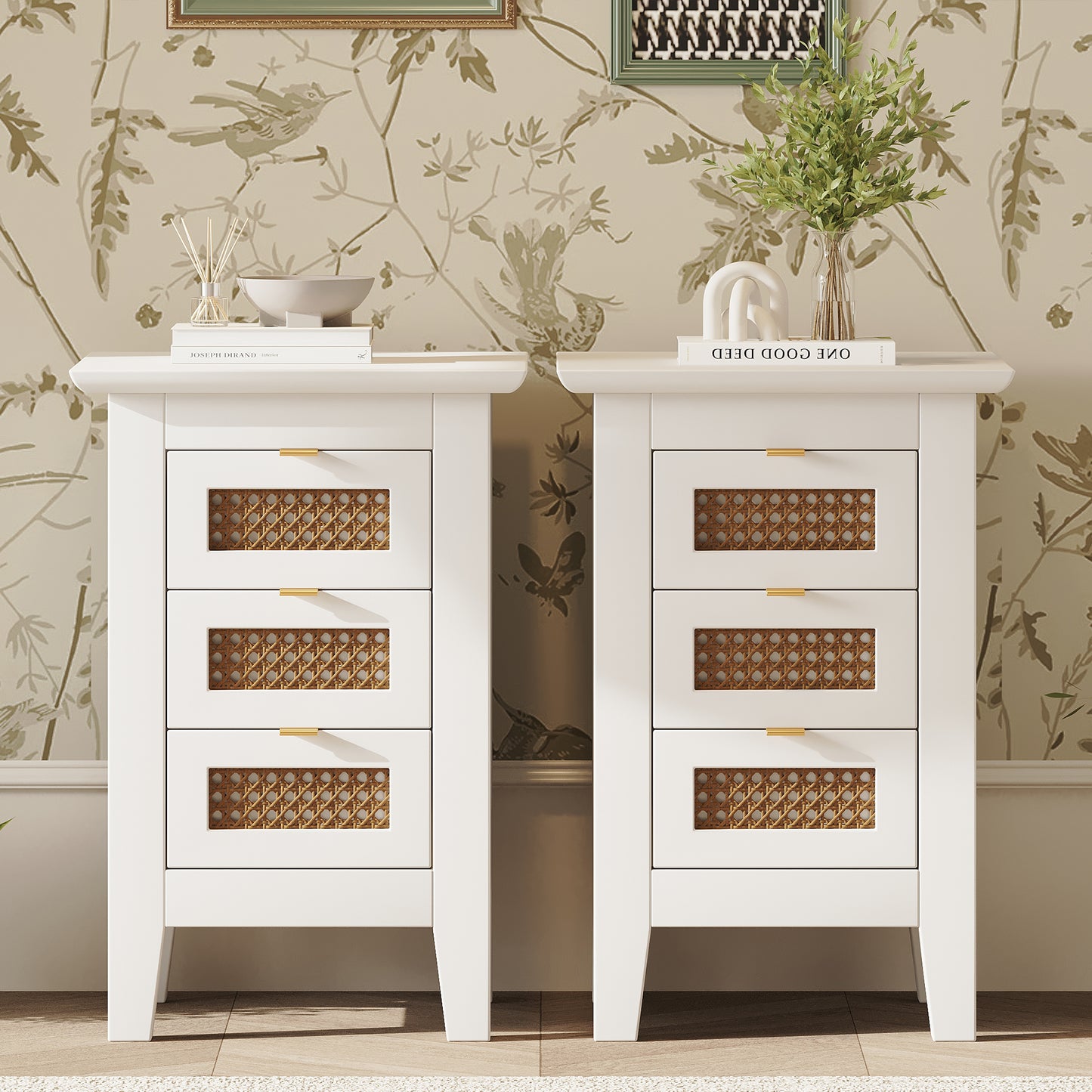 Ravella Rattan Trio – White 2-Piece Nightstand Set with 3 Drawers & Woven Fronts