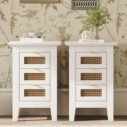 Ravella Rattan Trio – White 2-Piece Nightstand Set with 3 Drawers & Woven Fronts