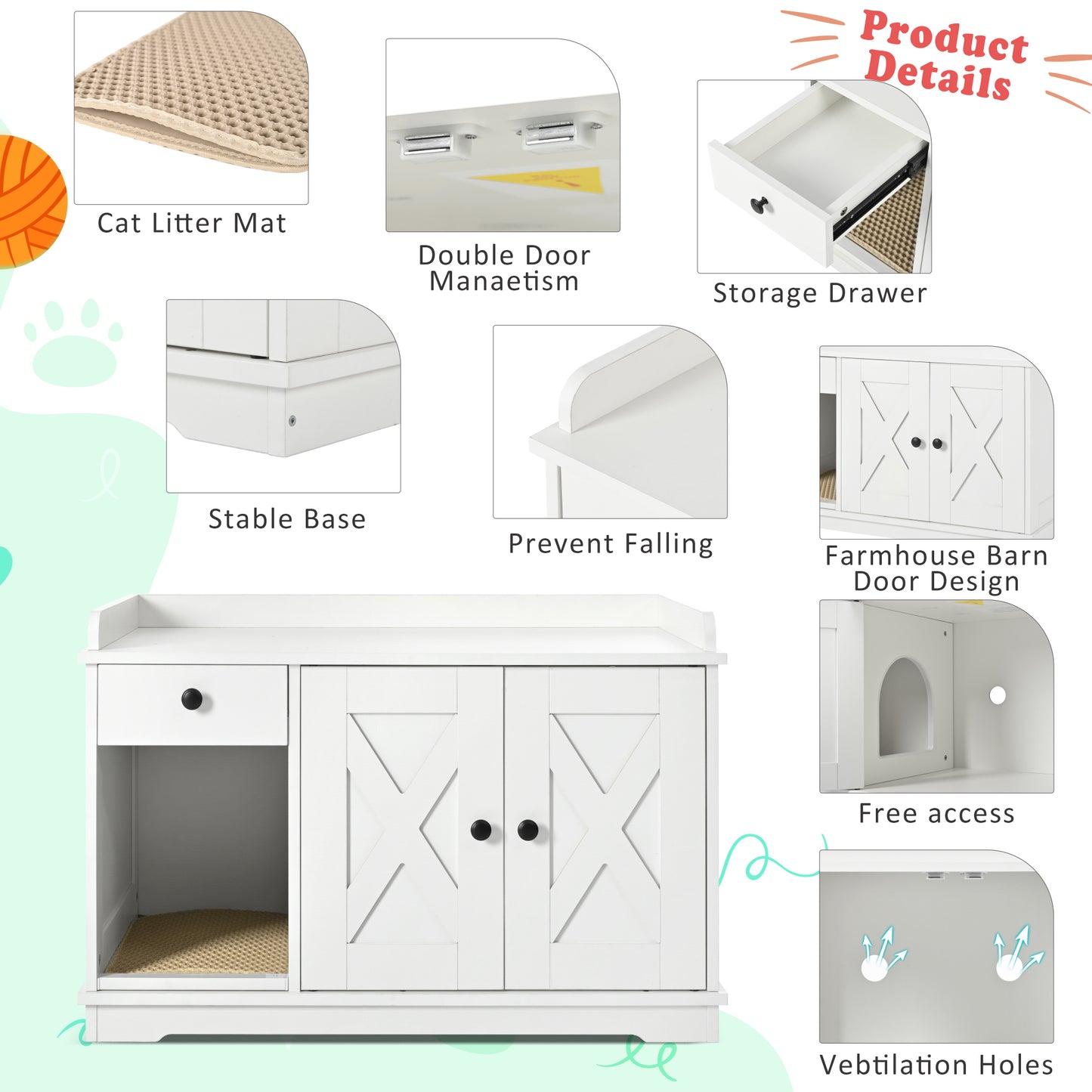 Nuvio Farmhouse Litter Cabinet – White Cat Enclosure with Drawer, Litter Mat & Side Table Functionality - JUSTLIVE NESTJUSTLIVE NEST
