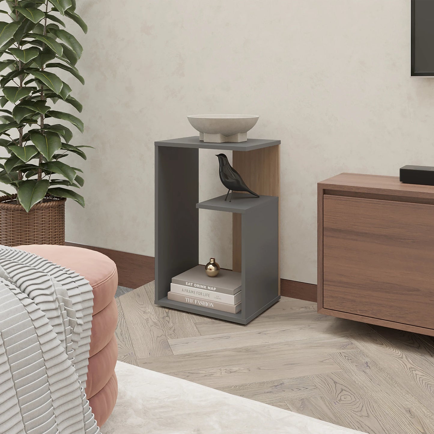Laro Side Table – Matt Grey with Light Oak OpenForm Storage