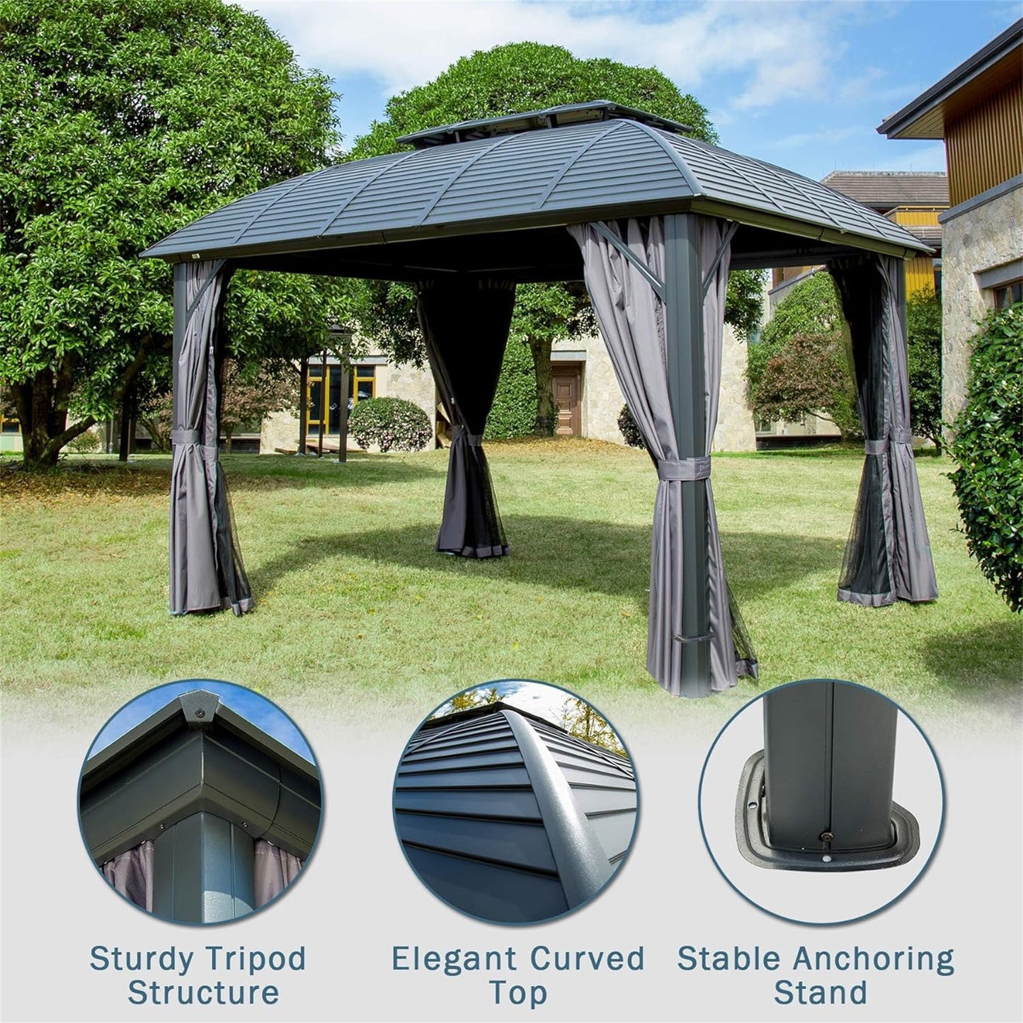 Aurelia 10x12' Hardtop Gazebo – Aluminum Frame Pavilion with Double Steel Roof, Curtains & Netting - JUSTLIVE NESTJUSTLIVE NEST