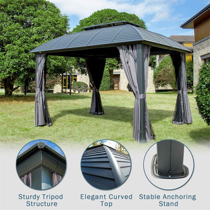 Aurelia 10x12' Hardtop Gazebo – Aluminum Frame Pavilion with Double Steel Roof, Curtains & Netting - JUSTLIVE NESTJUSTLIVE NEST