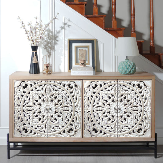 Elarra Carved Cabinet – 4-Door Vintage Wood Console with Metal Base