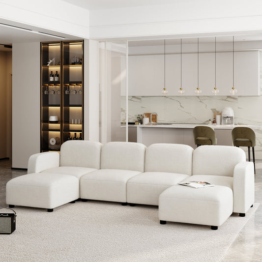 JUSTLIVE NEST® Velmira 6-Seat Cloud Sofa – U-Shaped Modular Sectional with Ottoman, Sleeper Function, Beige Velvet (116"x58")
