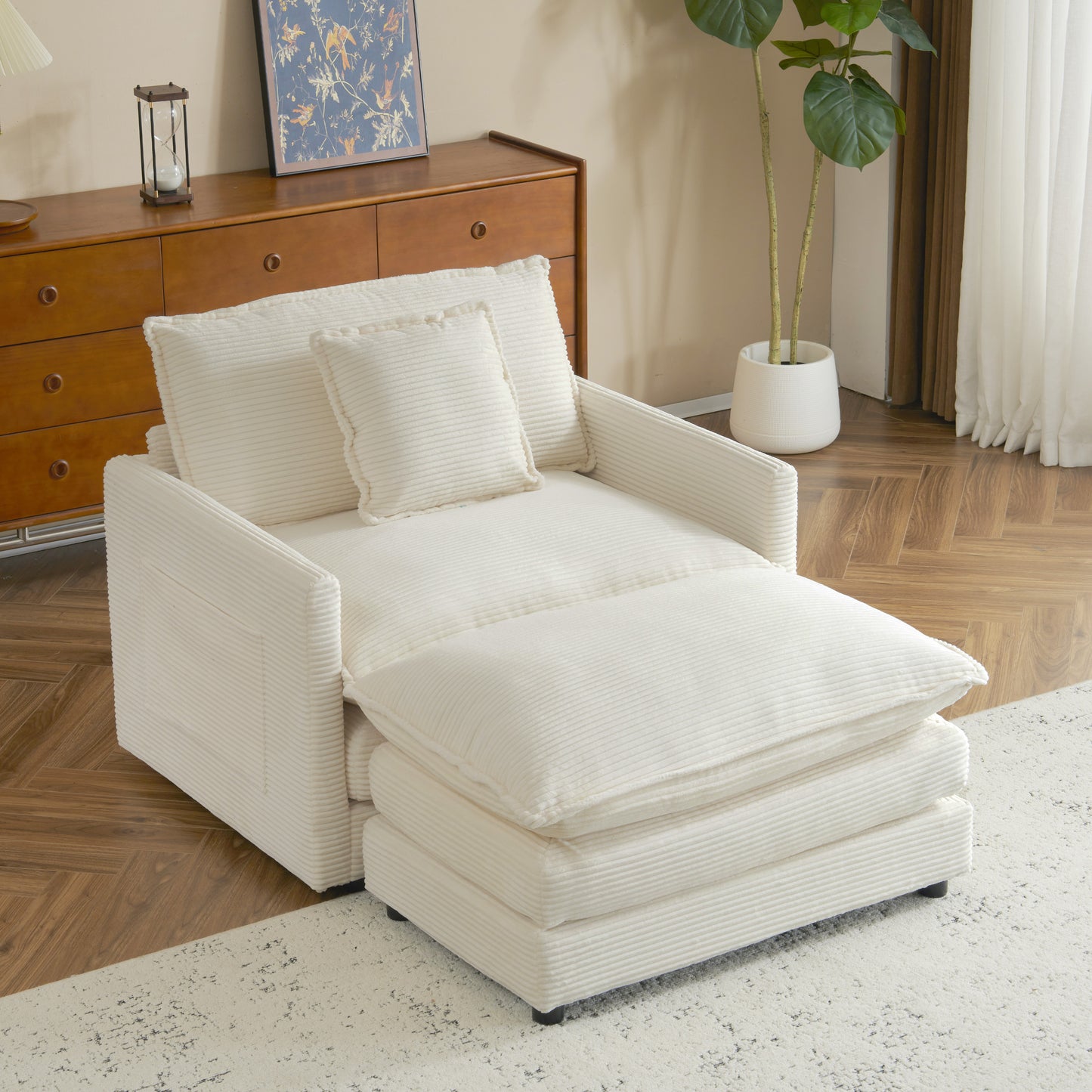 41' Modular Lounge Seat – Plush Corduroy Sofa Module with Hidden Side Storage (Beige)