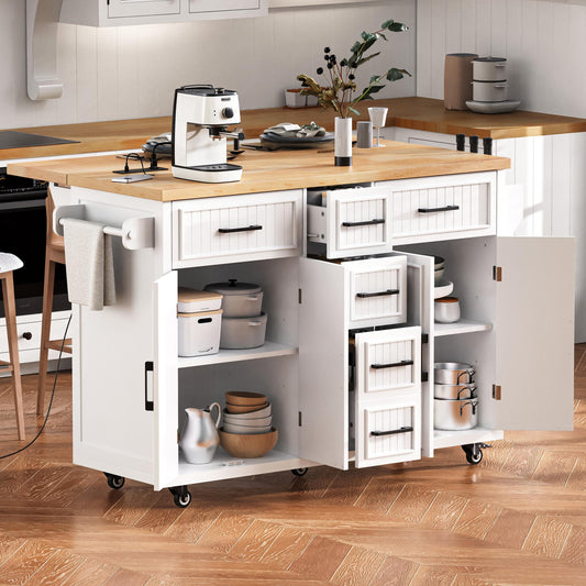 K&K Grand Island – 56.5'' White Rolling Cart with 5 Drawers, Drop Leaf & Power Outlet