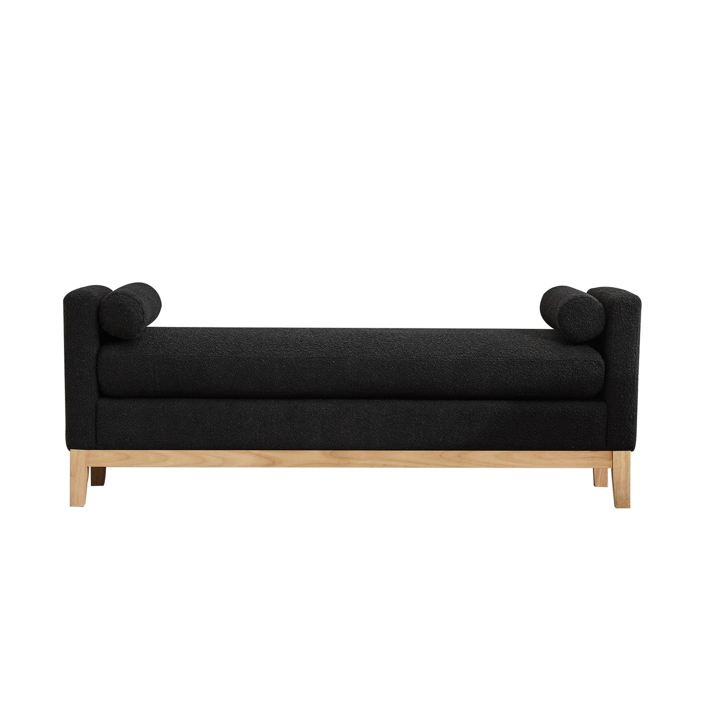 Auren Daybed Bench – Black Bouclé with Natural Wood Legs and Bolster Pillows