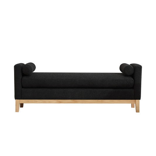 Auren Daybed Bench – Black Bouclé with Natural Wood Legs and Bolster Pillows