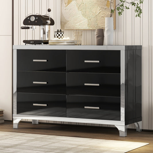 Caldera Gloss Dresser – 6-Drawer Black Storage Chest with Mirrored Accents