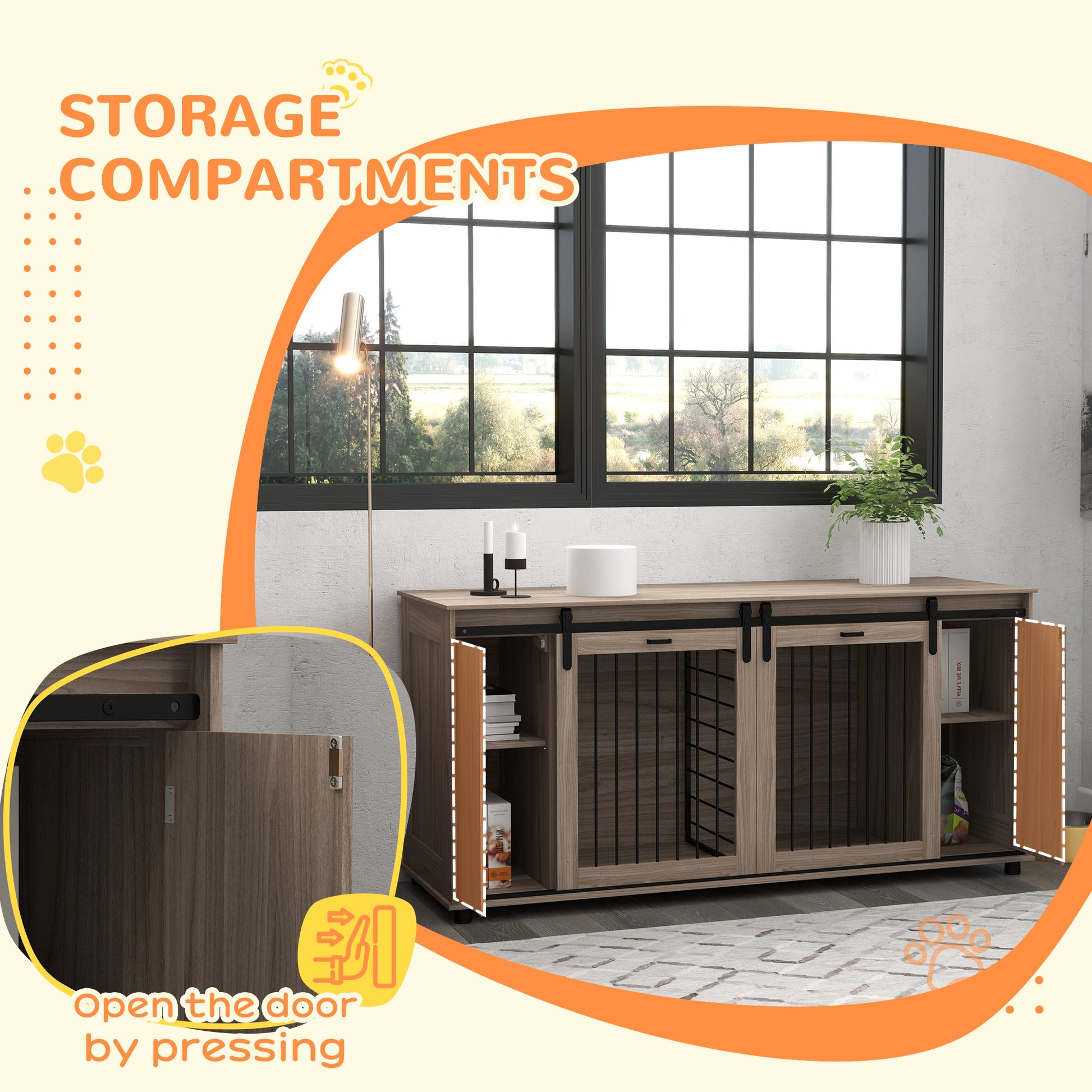 Hollo 71" Dual Crate Console – Walnut Dog Kennel Table with Divider & Storage for 1 or 2 Dogs - JUSTLIVE NESTJUSTLIVE NEST
